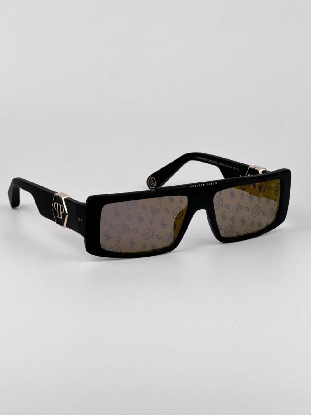 Philipp Plein Men’s Sunglasses Black Gold Mirror Pattern Rectangle SPP003M 703L